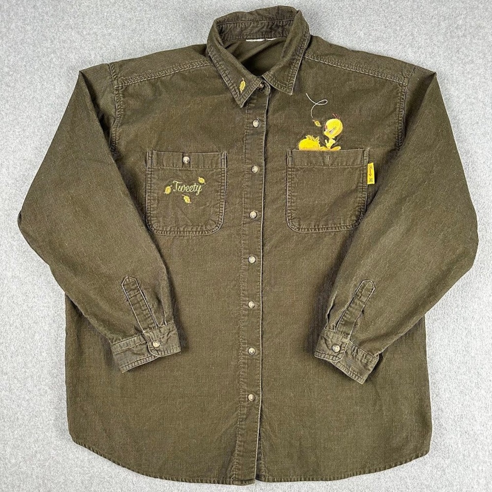 Vintage Looney Tunes Tweety Bird Corduroy Button Down Shirt Olive Green XL
